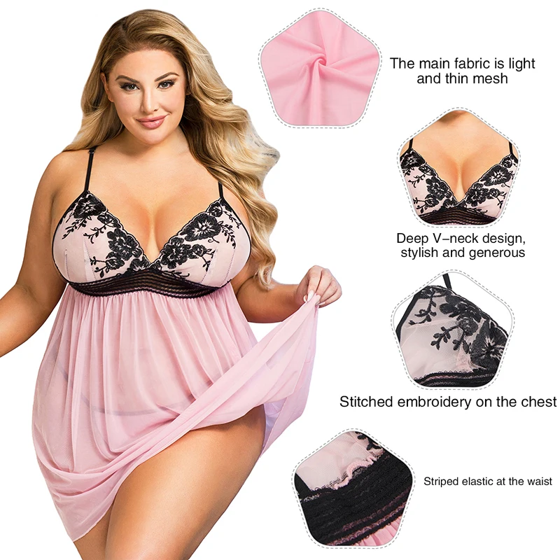 Comeondear Women\'s Plus Size Nightwear Set Nuisette Sexy Lingerie Erotique Exquisite Embroidery Transparent Lace Sleepwear Thong