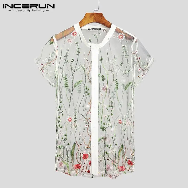 INCERUN-Camisa de malha bordada masculina, manga curta, ver através de tops, botão, respirável, festa, boate, moda, 5XL, 2023