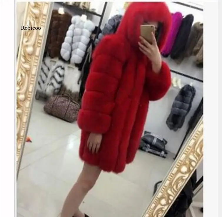 Winter New Luxury Faux Silver Fox Fur Coat Women Hooded Front Zipper Furry Warm Winter Faux Fur Jacket Office Lady Fur Coats