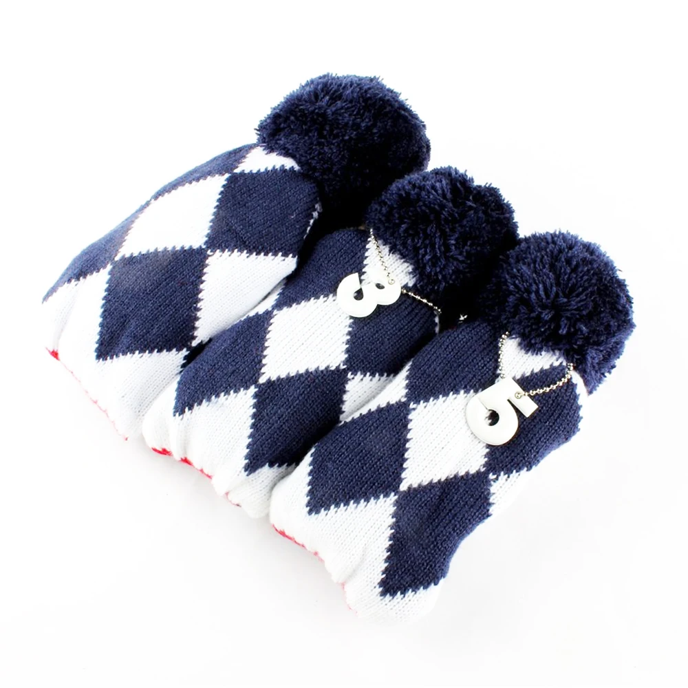 3 Pcs White blue Golf Club Headcover for #1 Driver #3 #5 Fairway Golf Wood Covers Knitted Pom Pom Sock Covers