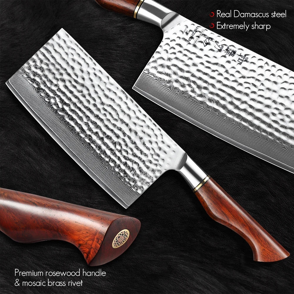 HEZHEN 6.8 Inches Cleaver Knife 73 Layers Powder Steel Damascus Steel 14Cr14MoVNb Steel Core Kitchen Slice Knives For Meat