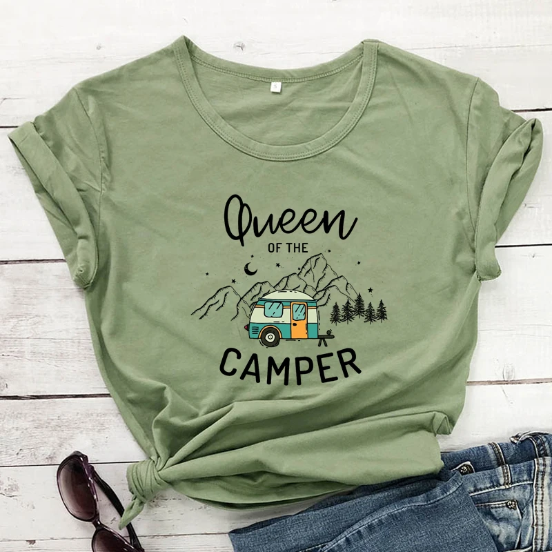 Colored Queen Of The Camper T-shirt Aesthetic Hipster Summer Vacation Tshirt Cute Women Camping Outdoor Top Tee Shirt