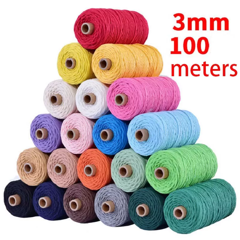 Cuerda de algodón 100% colorida hecha a mano para decoración del hogar, hilo trenzado de macramé, suministro de decoración para boda, 3mm, 110 yardas