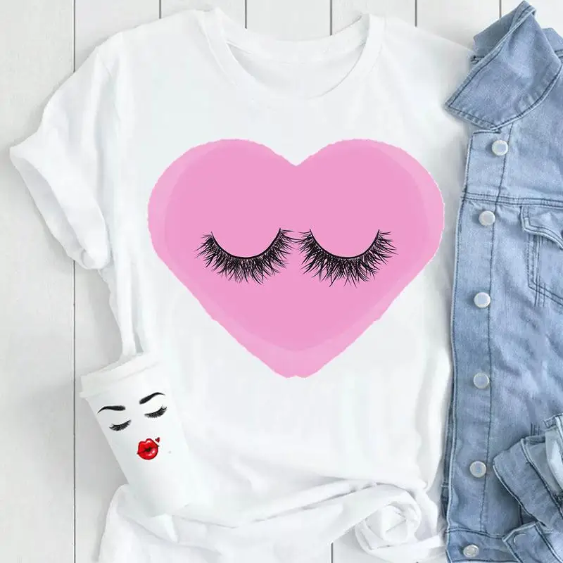 T-shirts Graphic Tshirt Top Lady Female Tee Cartoon Women Casual 90s Fashion Eyelash Lashes Print Watercolor Lip Trend Clothes