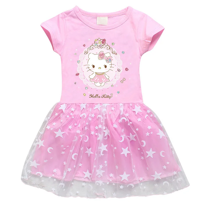 Hello Kitty Children\'s Clothing  Pure Cotton Fashion Princess Skirt Girls Cartoon Printed Net Yarn Short-Sleeved Pleated Dress