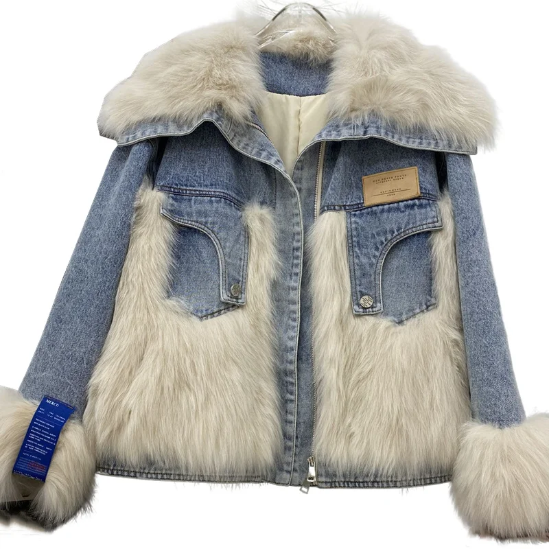 Denim Jacket Parka 90% เป็ดสีขาวลงฤดูหนาวหนาอบอุ่นผู้หญิง Parkas จริง Fox ขนสัตว์