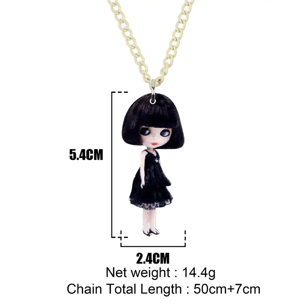 Bonsny Acrylic Black Short Hair Dress Girl Doll Necklace Pendant Choker Fashion Jewelry For Girls Lady Teen Charms Gift 2019 Hot