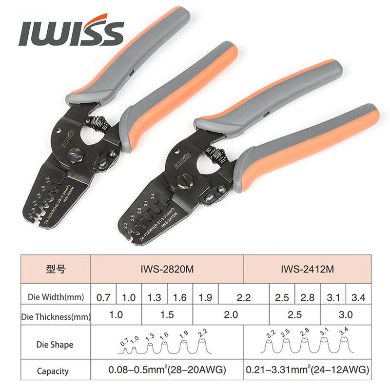 IWISS narzędzia zaciskające końcówki IWS-2412M/IWS-2820M do zaciskania AWG24-12/AWG28-20 JAM, Molex, Tyco, JST terminale i złącza