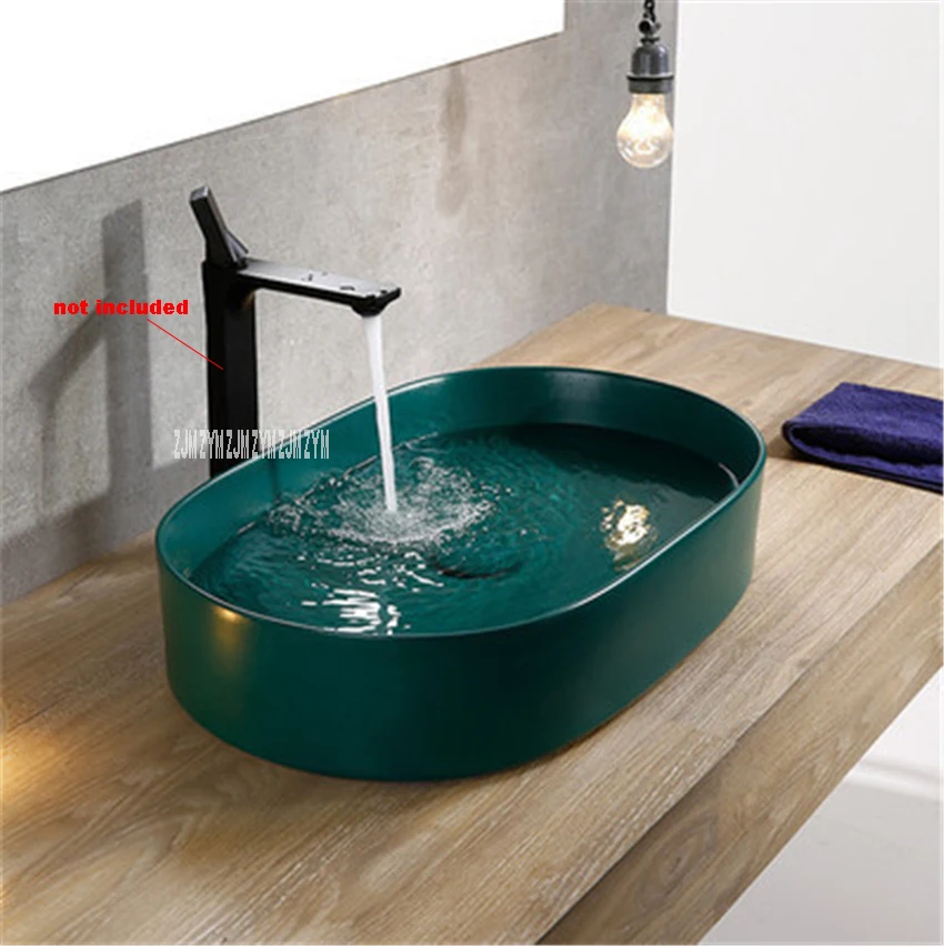 1125 Matte Finish Green Modern simple Creative Above Counter Basin Bath Retro Basin Ceramic Sink Oval Hand Washing Basin Bowl