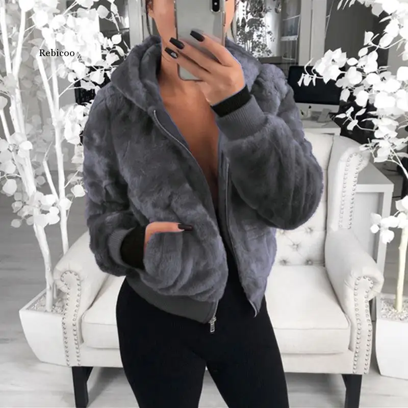 Fluffy Jacket Women Faux Fur Coat Hooded Neckline Long Sleeve Zipper Ribbed Casual Warm Outerwear Short Tops