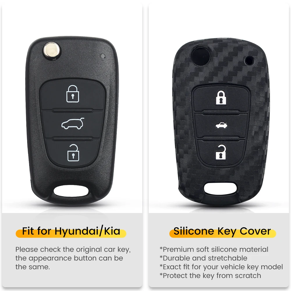 KEYYOU Carbon Fiber Silicone Car Key Case Flip For Hyundai I30 IX35 For Kia K2 K5 Fob 3 Buttons Car Keys Blank Protector Cover