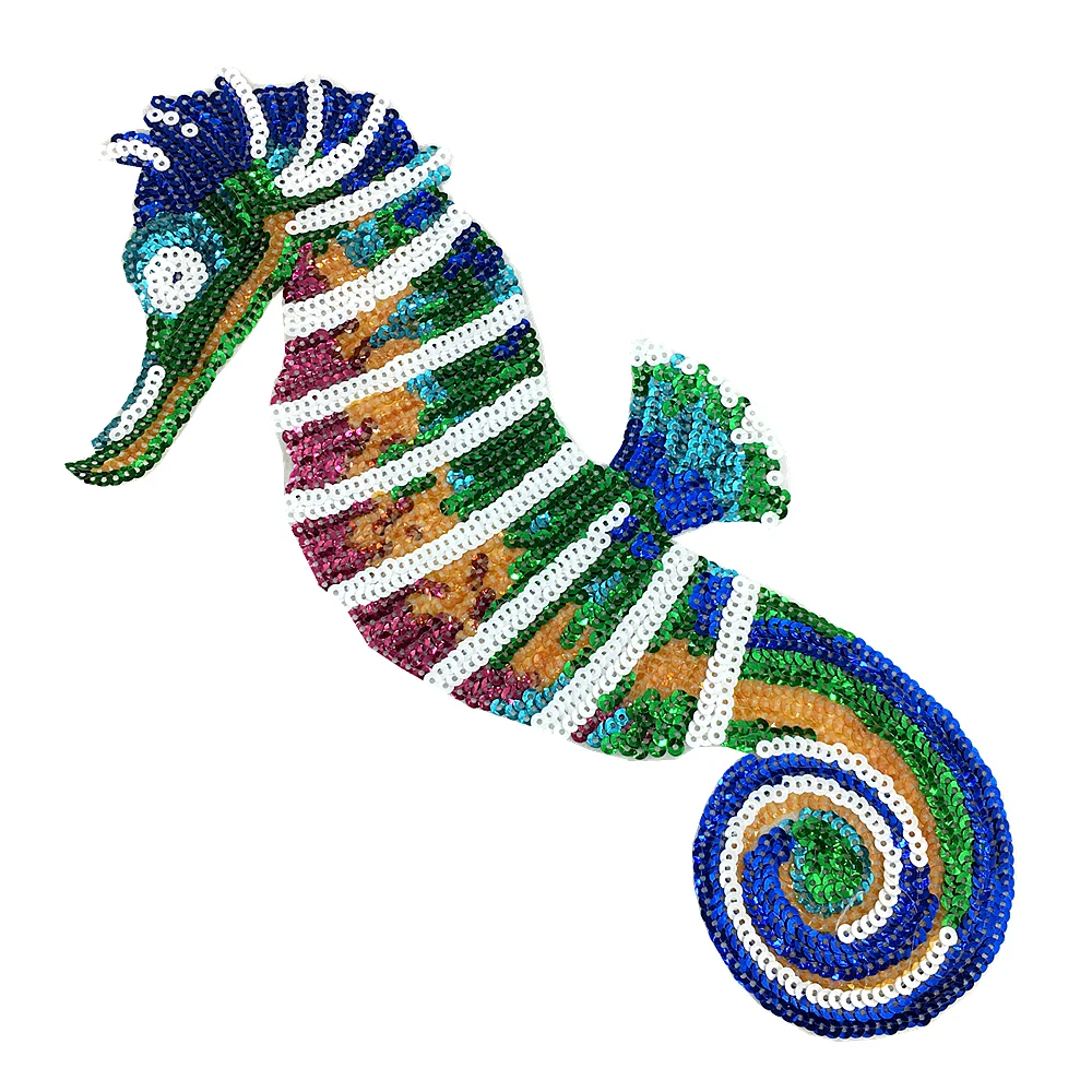 4pc Seahorse Embroidered Patch Hippocampus Sequin Applique Marine Fish Patches For Jeans Bags Appliques Parches AC1510