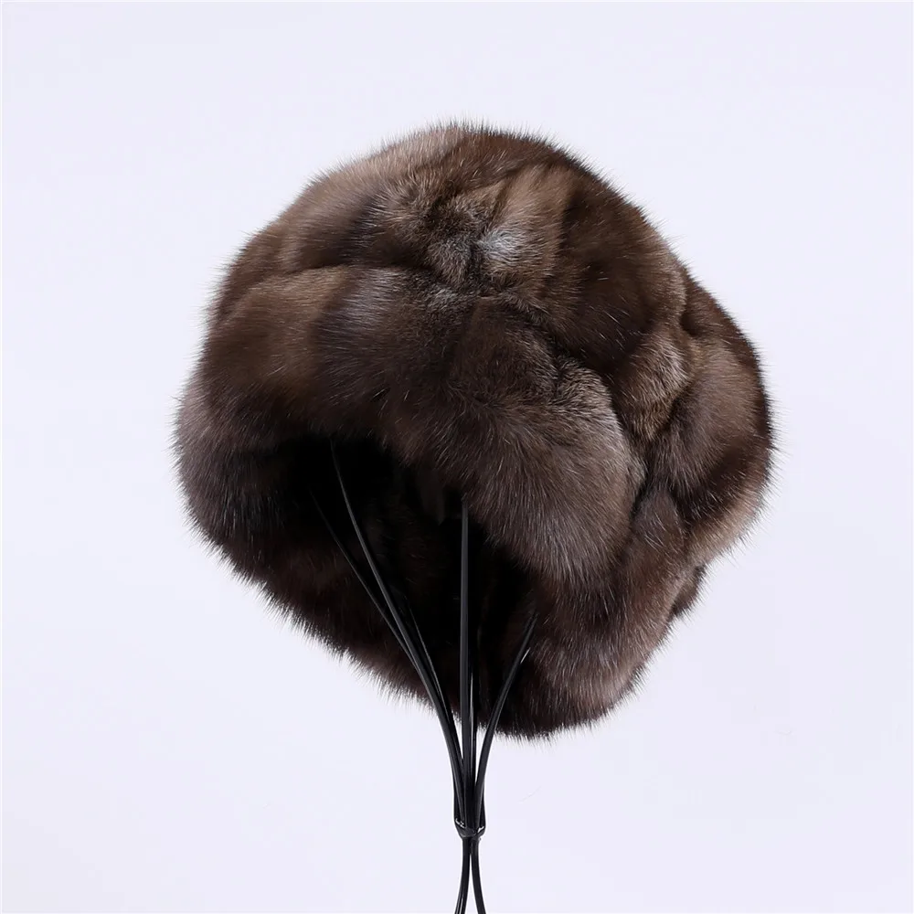 Unisex Winter Warm 100% Sable Fur Hat Men\'s Bucket Cap Women\'s Luxury Real Fur Beanie Hats Natural Brown Color