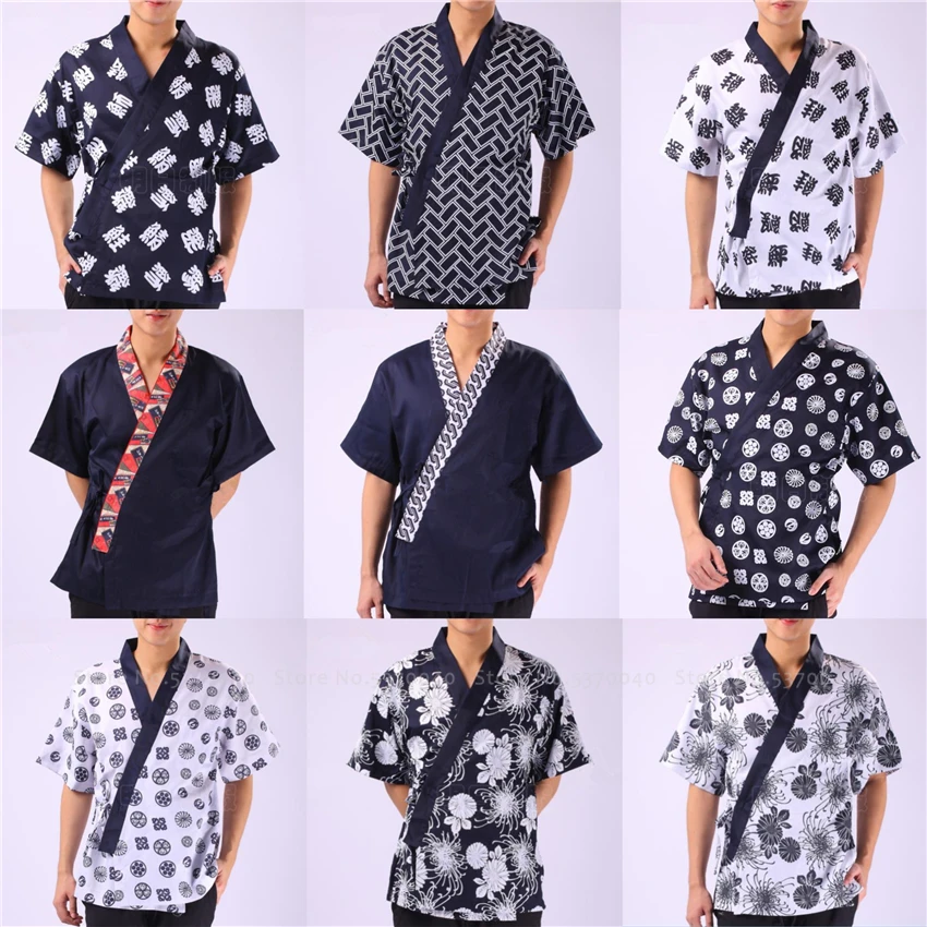 

Men Women Restaurant Sushi Chef Work Uniform Food Service Print Kimono Robe Japanese Style Kitchen Cook Jackets Yukata Coat Tops