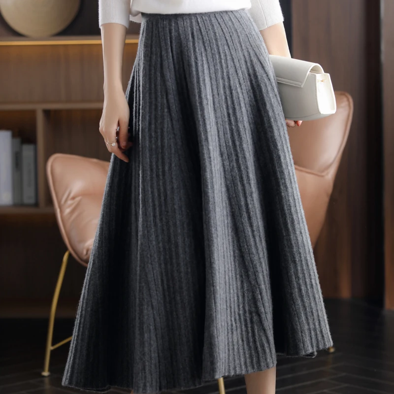 2024New Pure Cashmere A-Line Skirt Women Autumn Knit Pleated Long Skirt 100%Wool Large Size High Waist Korean Bag Hip Base Skirt