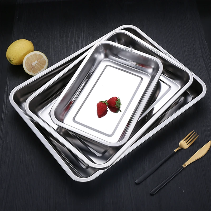 Stainless Steel Barbecue Trays Pastry Cake Dessert Baking Pan Fruit Snack Storage Plate Food Container Kitchen Organizer Dish