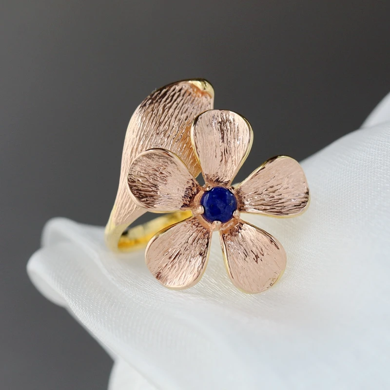 

Real 925 Sterling Silver Rings Inlaid Natural Lapis Lazuli 18K Gold Plated Petal Fashion Women Opening Adjustable Ring