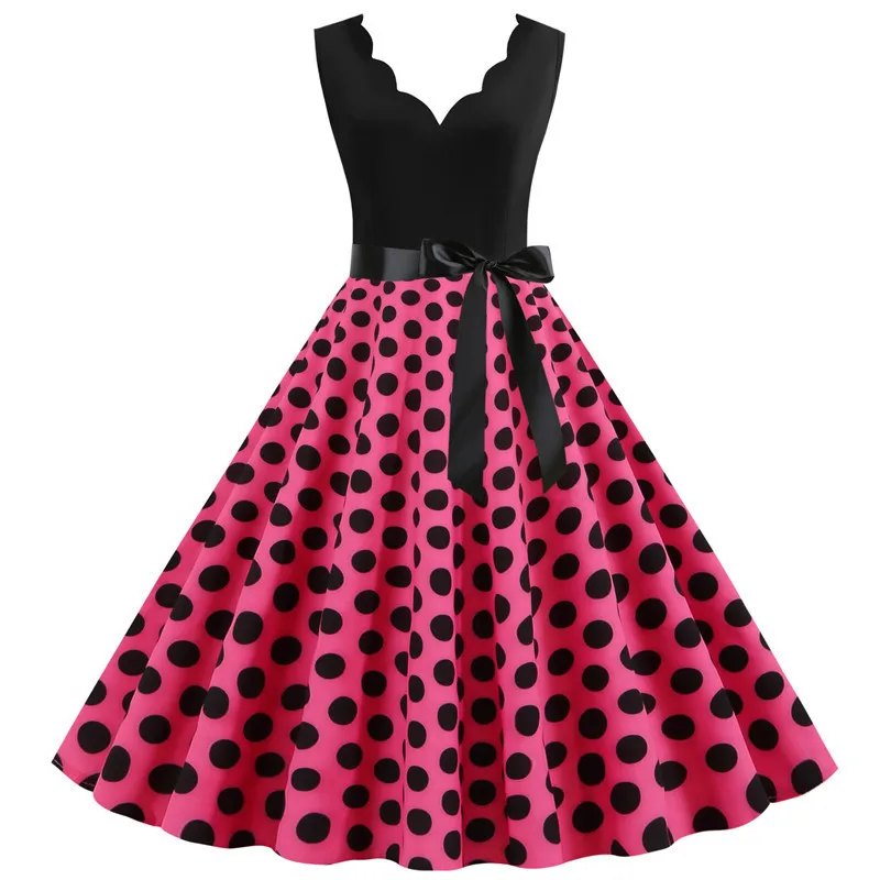 Polka Dot Print Women Summer Dress Black Patchwork Sleeveless V Neck Elegant Vintage Party Casual Midi Dress