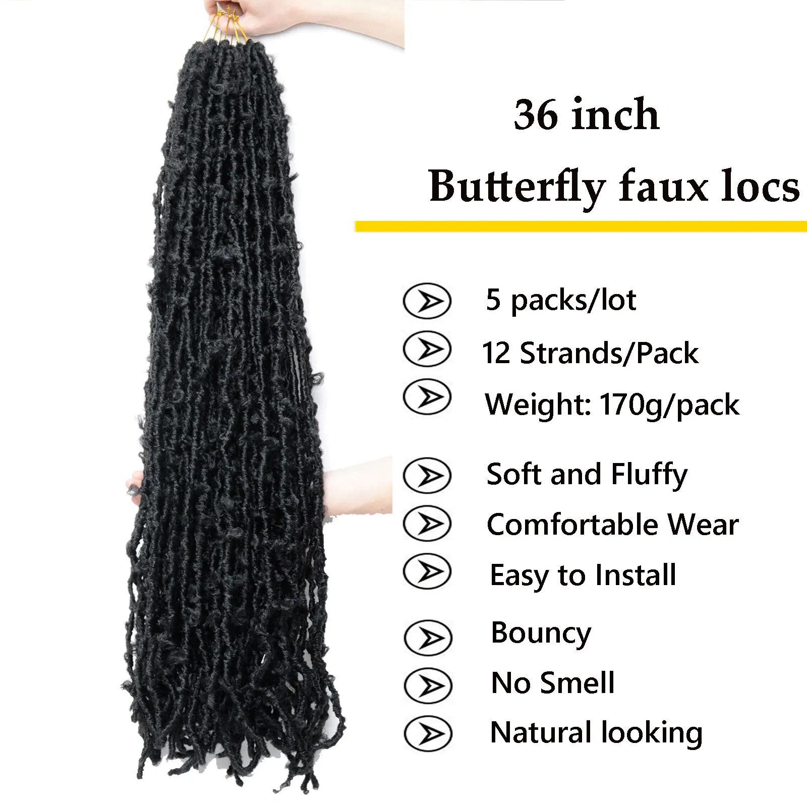 Cheveux longs au crochet papillon pour femmes noires, tresses synthétiques, faux locs, 5 paquets, 36 po