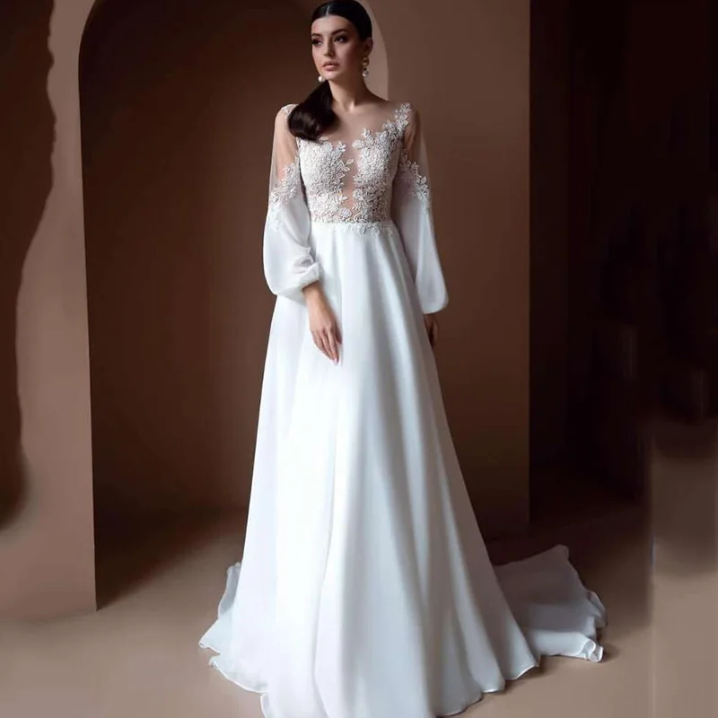 Abiti da sposa eleganti in Chiffon A buon mercato Vestido de Casamento 2021 abiti da sposa A maniche lunghe A sbuffo abito da sposa in pizzo Boho una linea