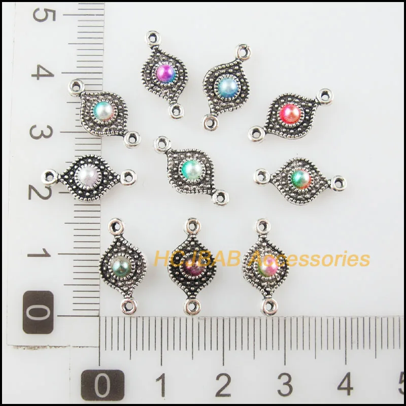 30Pcs Tibetan Silver Tone Flower Mixed Acrylic Eyes Charms Connectors 8x16mm