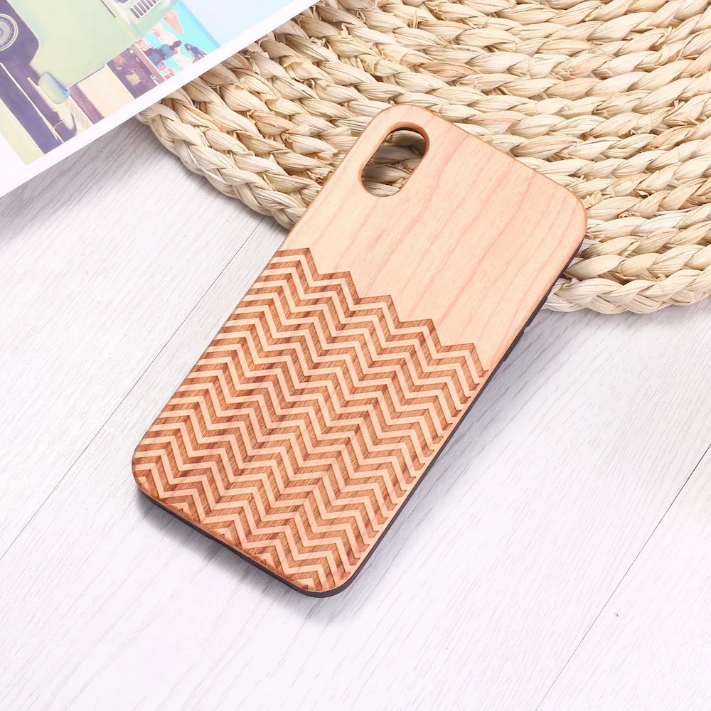 For iPhone14 14ProMax 14Plus 13Promax 13 12 11 Engraved Geometric Wave Nature Wood Phone Case Coque Funda Bumper