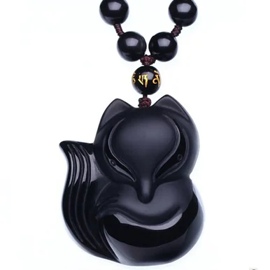 

Natural Black ObsidianGround Fox Drop Fashionable Jewelry Necklace for Men and Women to Exorcise Evil and Help Transport Pendant