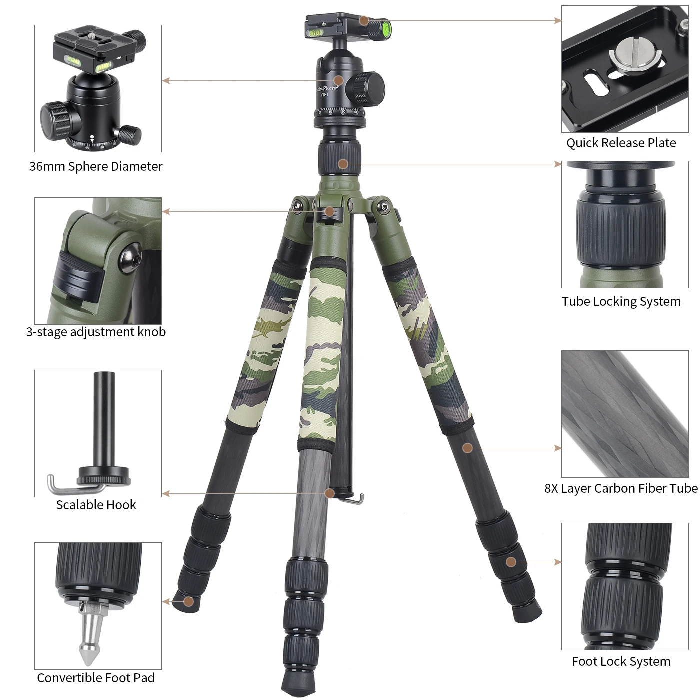 XILETU T284CFB1 Professional Carbon Fiber Tripod DSLR Camera Panoramic Head Support Tripod Riffle Rest Stand Hunting Tripod Stan