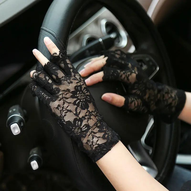 Fashion Sexy Summer Female Half Finger Sunscreen Short Lace Gloves Women Driving Flower Pattern Fingerless Sun Gloves