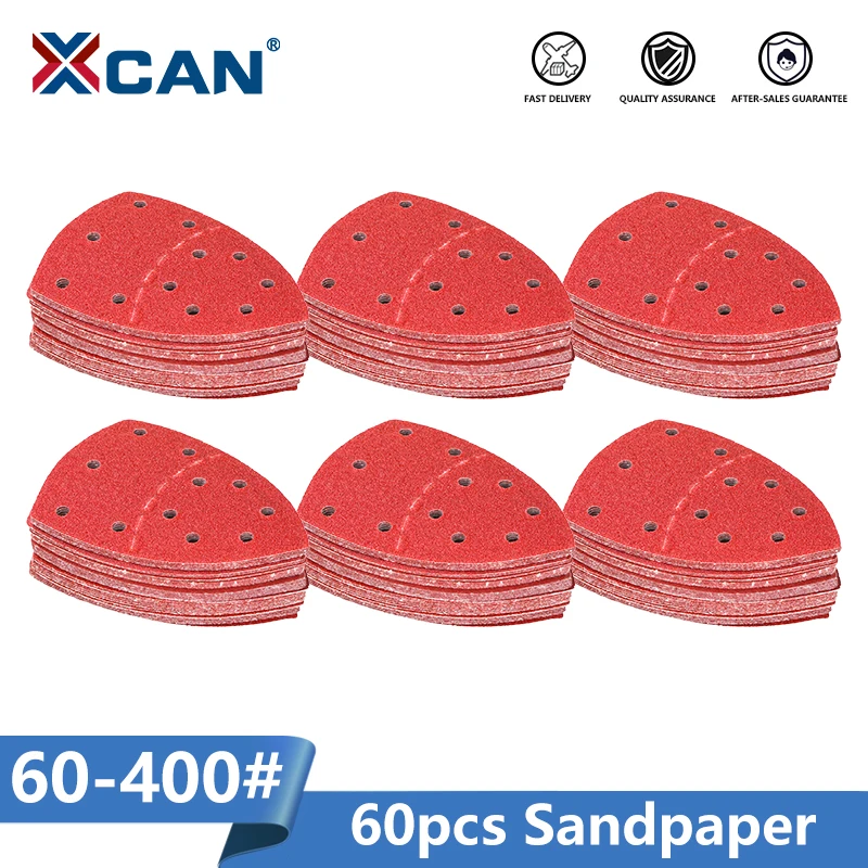 XCAN Self-adhesive Sandpaper 60pcs 60-400 Grit Sanding Paper  Triangle 5 holes Delta Sander Hook Loop Sanding Disc Abrasive Tool