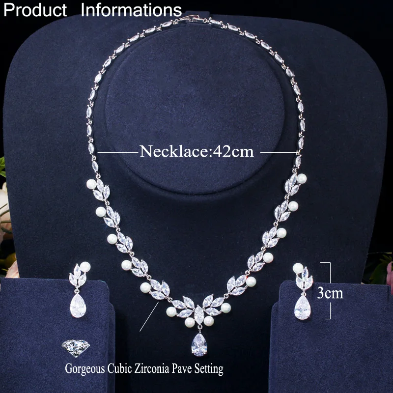 CWWZircons Elegant Dangle Drop Cubic Zirconia Leaf Flower Big Pearl Necklace Earrings Bridal Wedding Jewelry Sets for Women T362