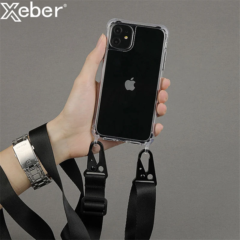 Crossbody Shoulder Strap Lanyard Phone Case For iPhone 11 12 13 14 15 16 Pro Max XR X XS 7 8 Plus Transparent Shockproof Cover