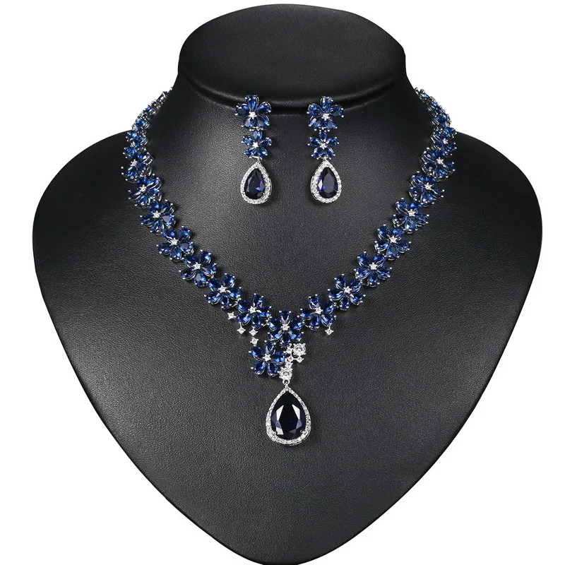 WEIMANJINGDIAN Brand Blue Teardrop and Flower Cubic Zirconia Wedding Necklace and Earring Bridal Jewelry Set