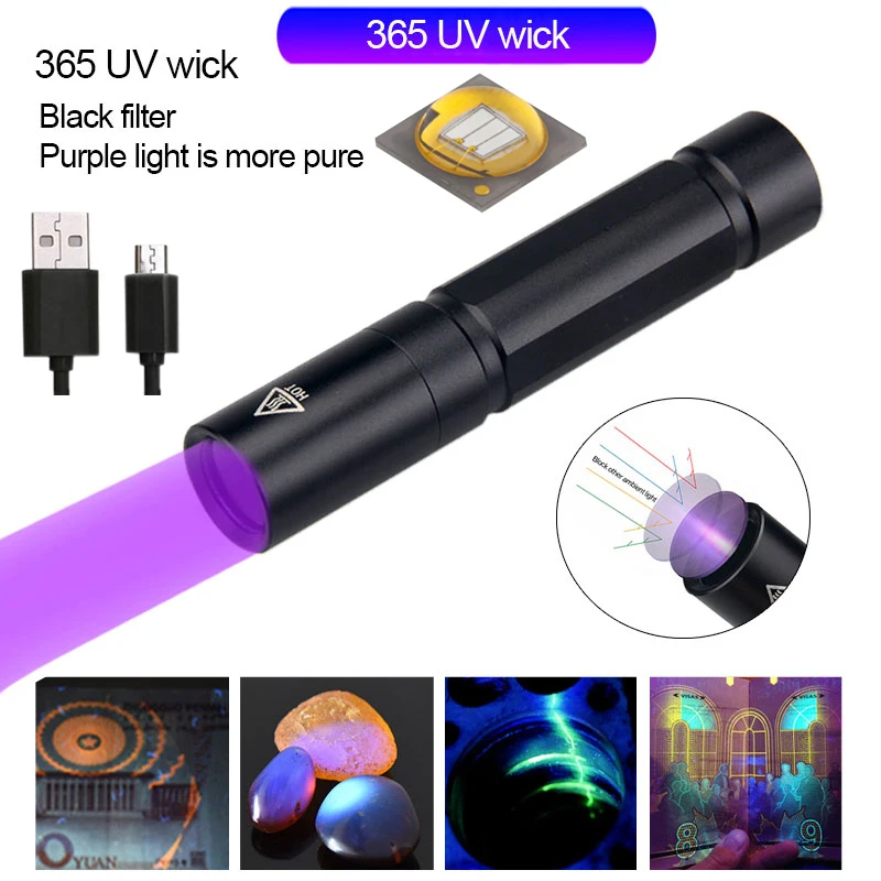 Mini lanterna UV Ultravioleta Blacklight, USB recarregável, Cílios roxos, Detector de urina do animal do tapete, Pegar escorpiões, 30W, 365nm