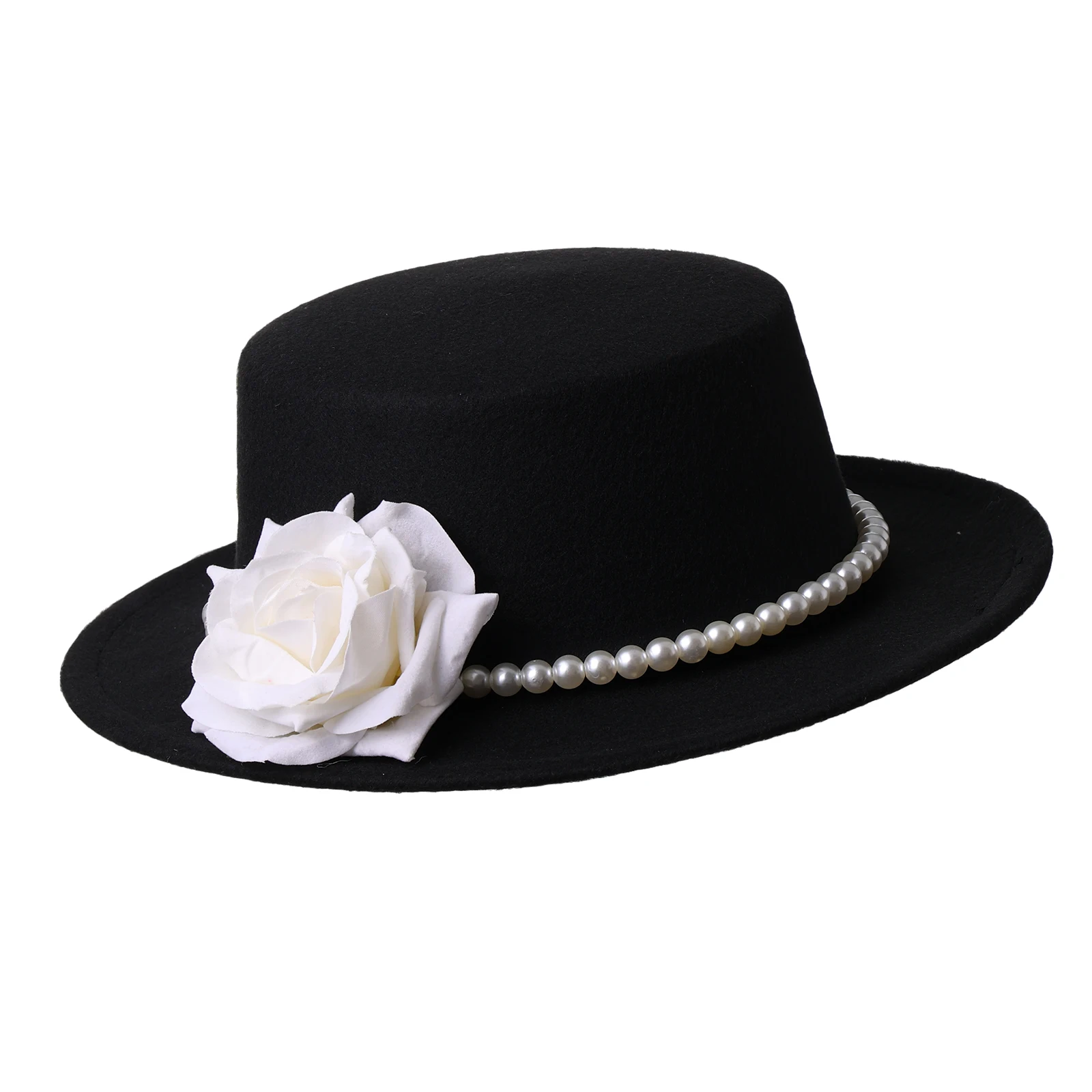 

Women Black Hat Vintage Victorian Style Pearl Rose Veil Fedora Wide Brim Sun Hat