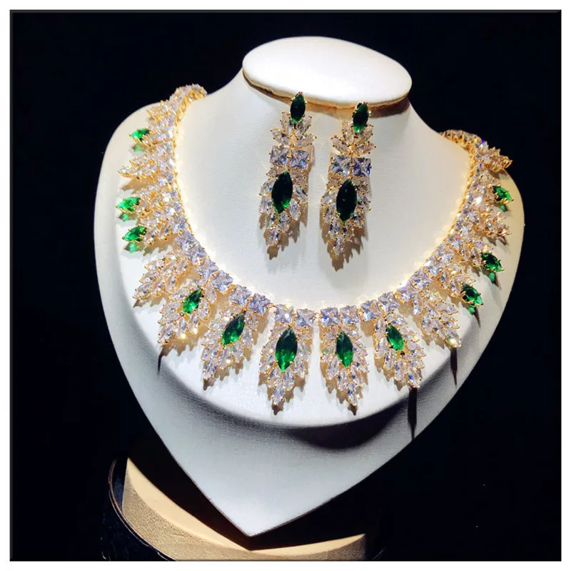 Fine Jewelry Sets For Women 925 Sterling Created Emerald Cubic Zirconia Bridal Necklaces Pendants Drop Earrings Vintage  Set