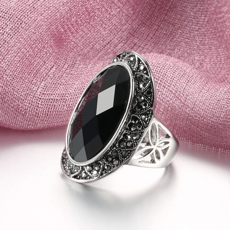 Wbmqda Vintage Big Oval Black Stone Rings For Women Antique Silver Color Boho Ring Jewelry Anel 2020 New Drop Shipping