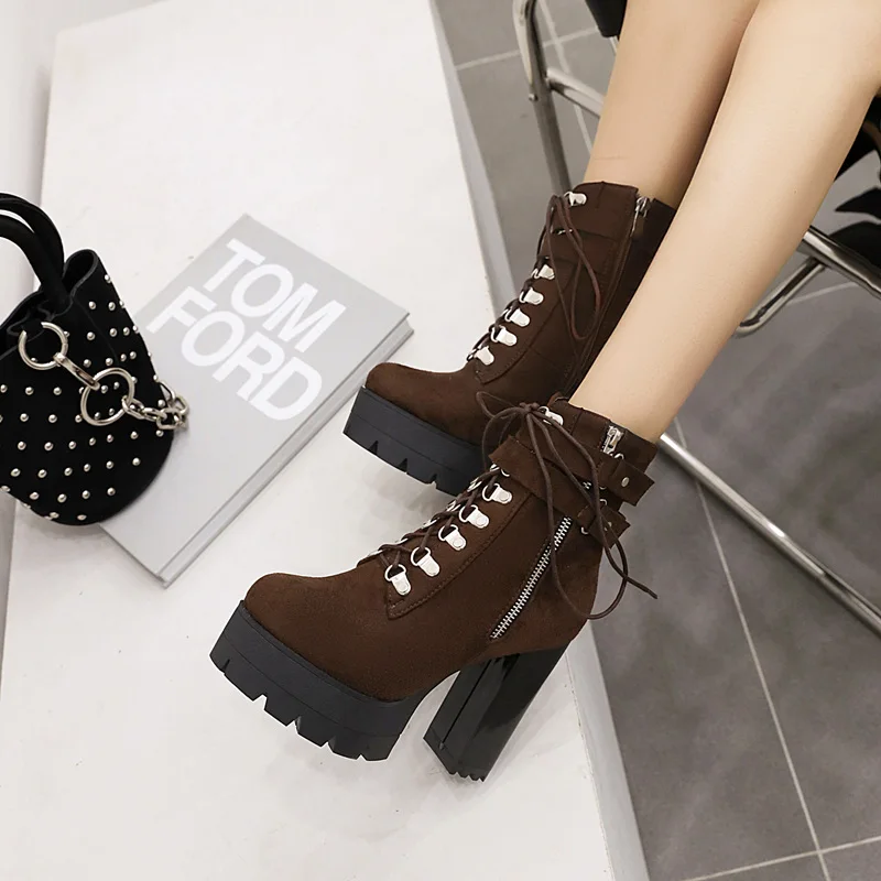 المتضخم قطيع المعادن ثقب دائري حذاء من الجلد سوبر عالية كعب سميك منصة مشبك الدانتيل متابعة سستة الشارع الدافئة المرأة قصيرة التمهيد #4