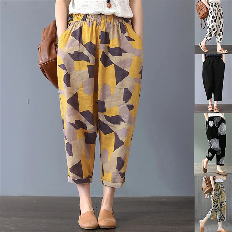 

Fashion Pants Women Loose Printing Pockets Pants Cotton Linen Casual Female Sweatpants Trouser Plus Size
