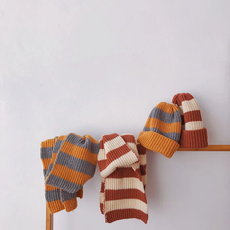 Autumn Winter Baby Hats Scarves 2 PCS Set Stripe Children Beanies Caps Kids Boys Girls Neck Scarf