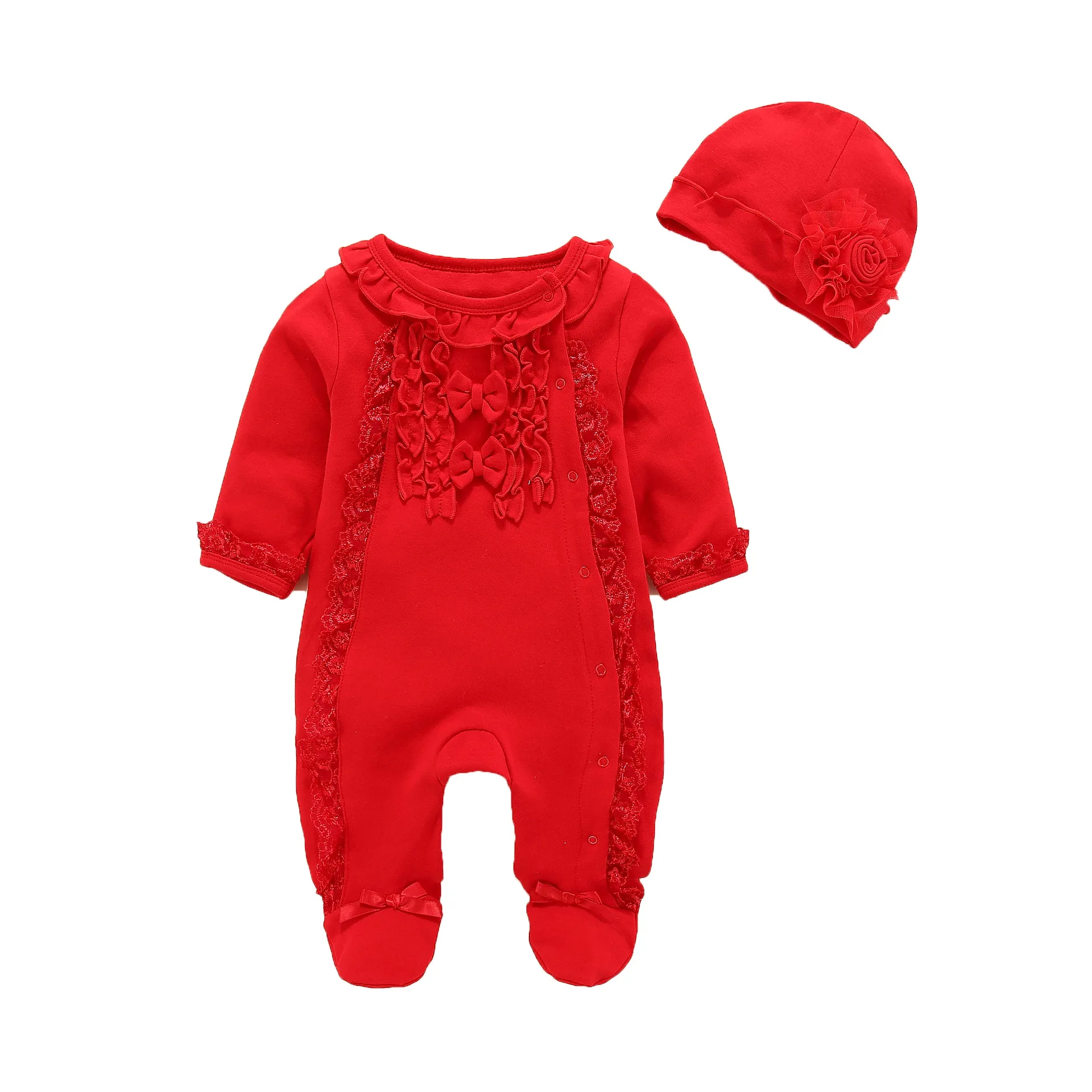 Newborn Baby Jumpsuit With Footies Cotton Pink Lace Ruffle Footies Long Sleeve Jumpsuit Outfit  0 3 6 Months Baby Girl Clothing