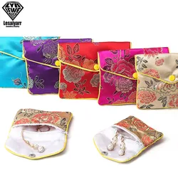 Chinese Brocade Handmade Silk Embroidery Padded Zipper Small Jewelry Gift Storage Pouch Bag Snap Case Satin Coin Purse Wholesale