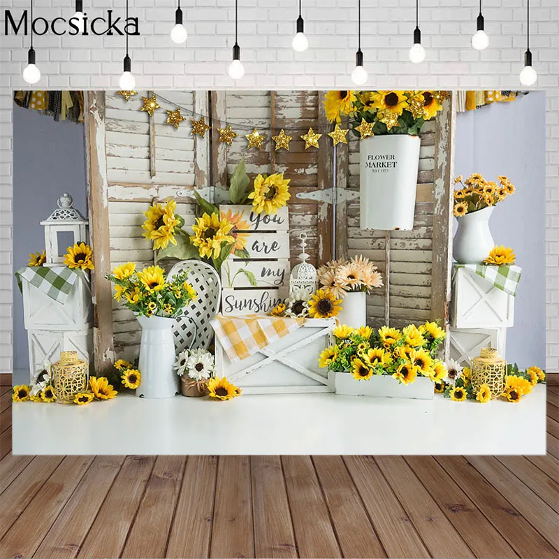 

Newborn 1st Birthday Photography Backdrop Wooden Door Sunflower Flower Birthday Party Baby Shower Decor Backdrop Photo Studio