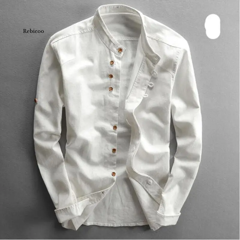 

Men's Cotton Linen Shirts Long Sleeve Men Casual Slim Mandarin Collar Shirts High Quality Summer Beach Shirt 6Xl