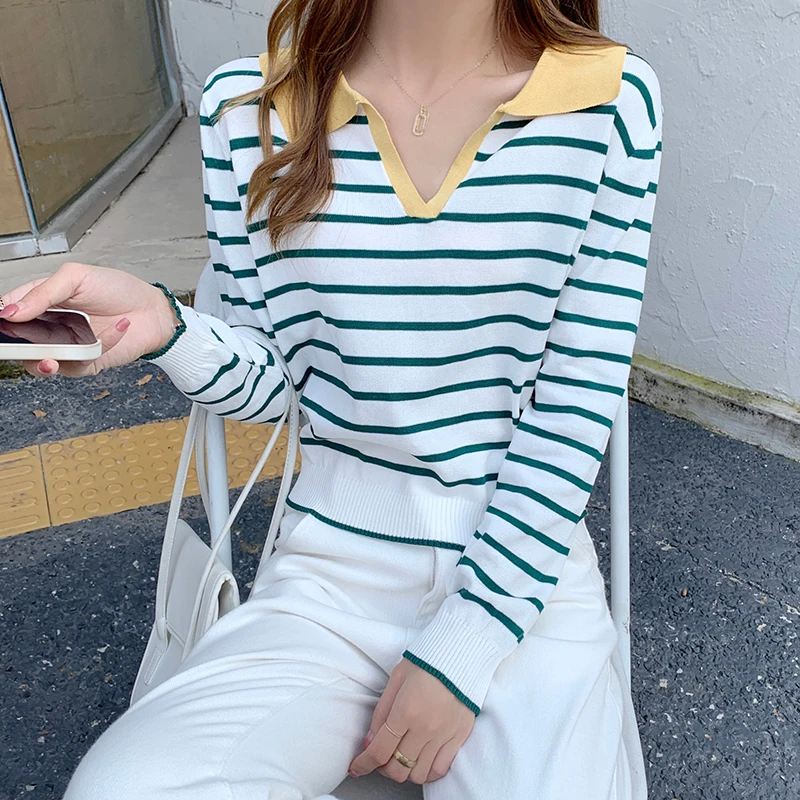 

Loose Striped Long-sleeved Knit Sweater New Slimming Blouse Women's Pullover