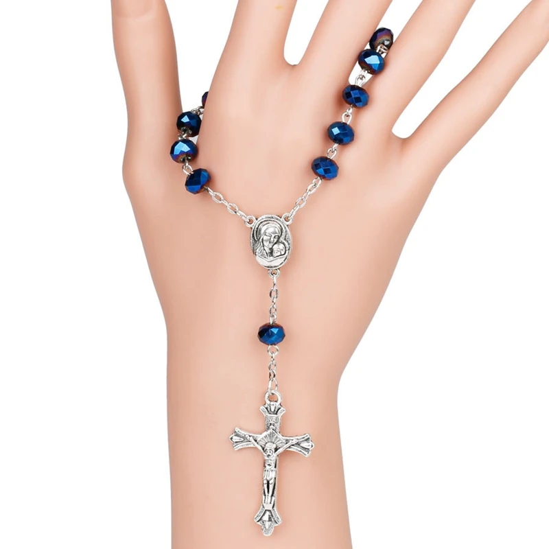 QIGO Blue Crystal Rosary Bracelet Cross Women Catholic Jewelry Gifts