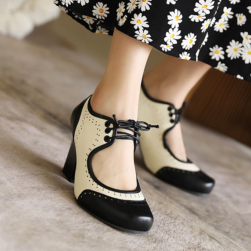 Retro Women Pumps Sexy Summer Mary Jane Shoes Gladiator Lace Up High Heels Ladies Party Fashion Black White Mixed Colors Shoe