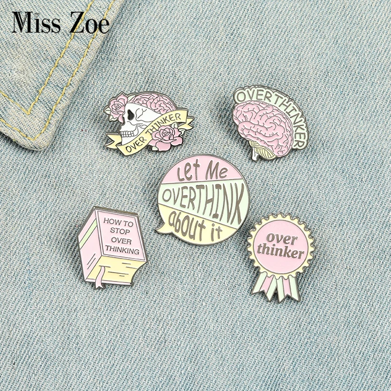 Overthinker Enamel Pin Custom Overthinking Award Brain Skull Book Brooches Bag Lapel Pin Cartoon Badge Jewelry Gift for Friends