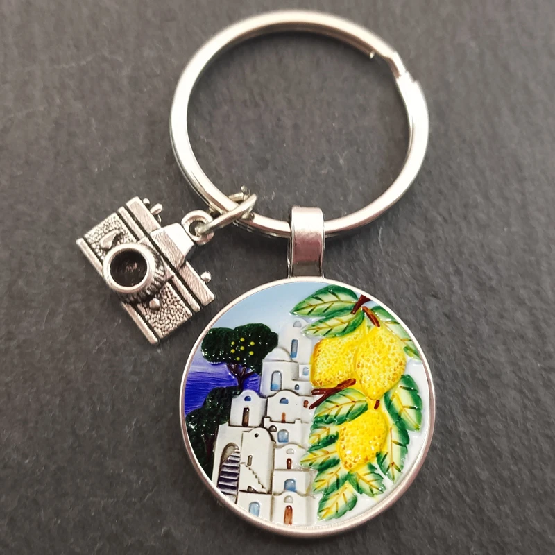 Charm 25MM Keychain Europe Mediterranean Greece Spain France Glass Drawing Keychain Men and Women Jewelry Gifts