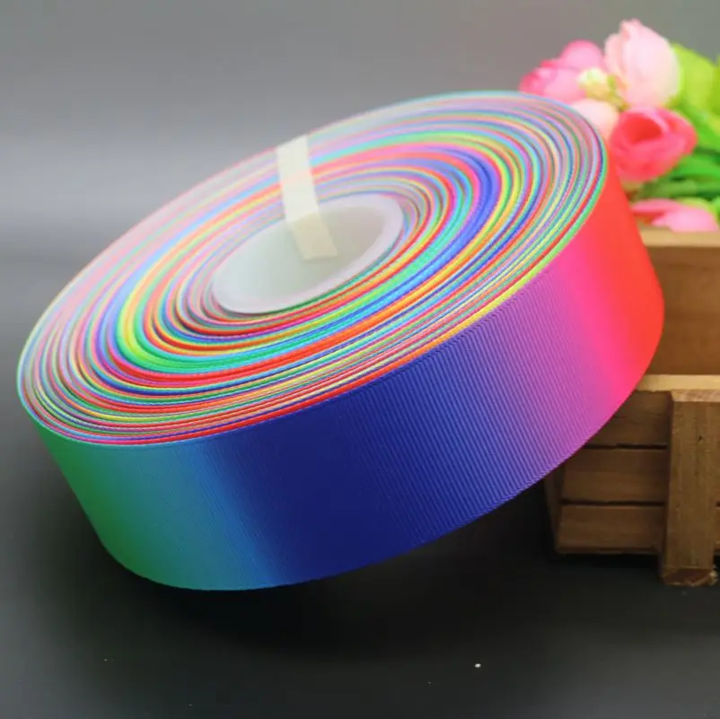 DHK 5yards gradient colors rainbow 4 size printed grosgrain ribbon headwear hair bow diy party decoration wholesale OEM E1475